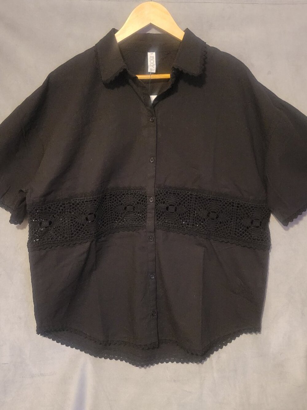 Cotton on BODY Black Crochet Organic Cotton Button Front Short Sleeve Blouse S